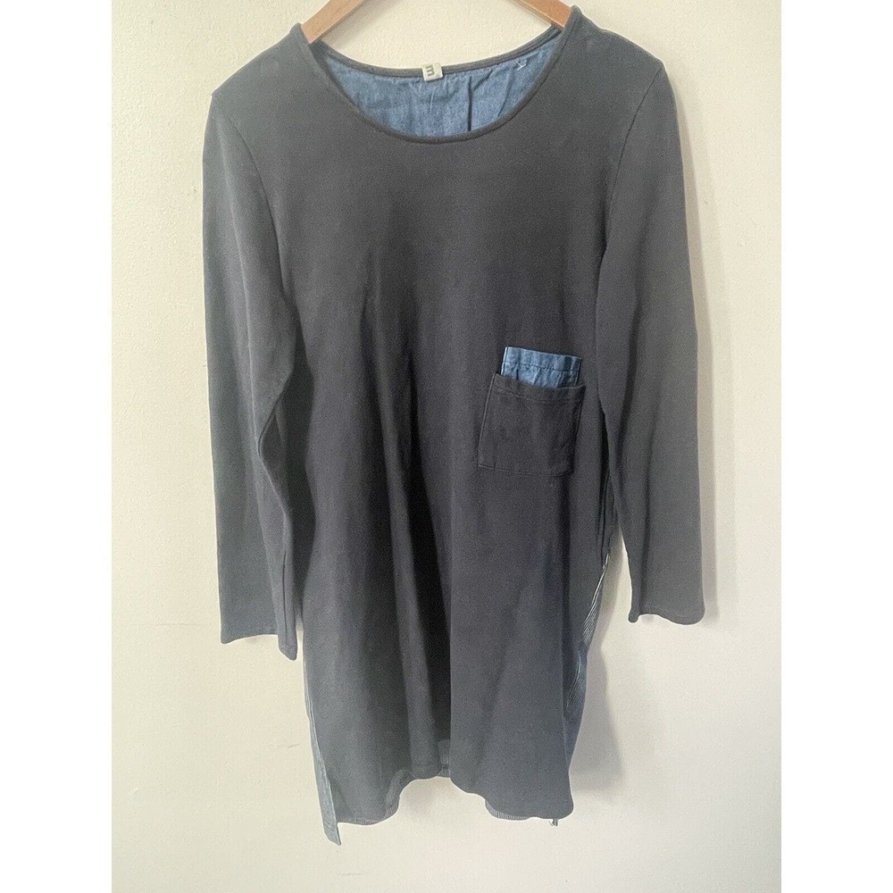 9AM Denim Color Block Sheath Relaxed Fit Roll Up Sleeves Lagenlook Dress